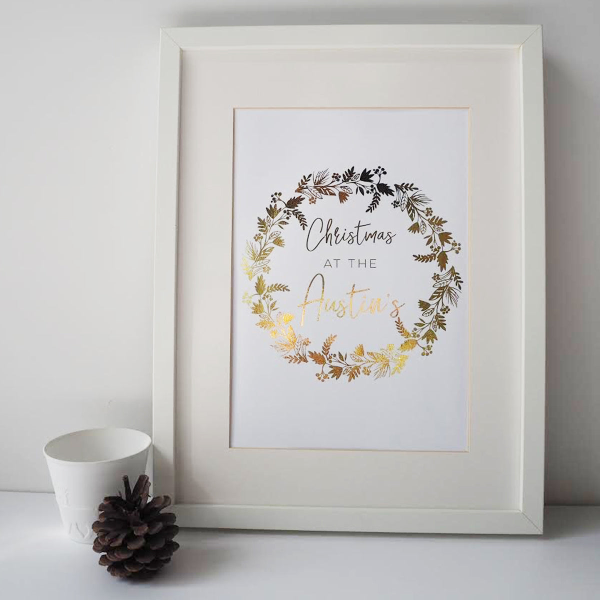 Personalised Family Christmas Wreath Gold Foil Print