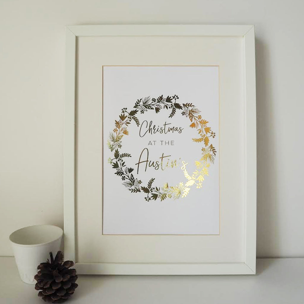 Personalised Family Christmas Wreath Gold Foil Print