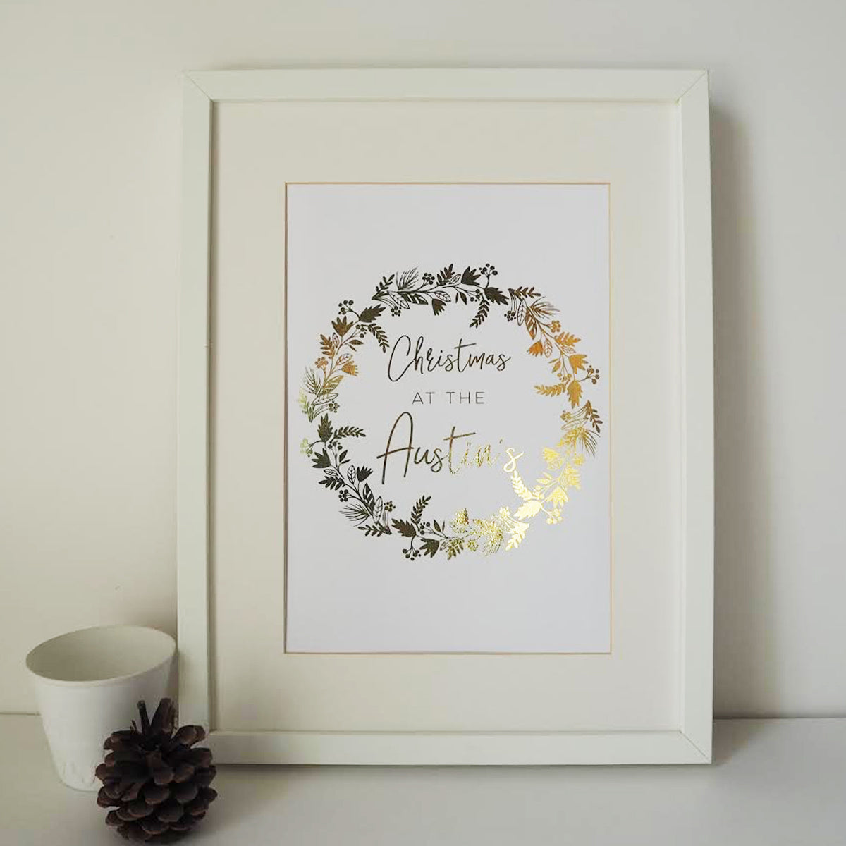 Personalised Family Christmas Wreath Gold Foil Print