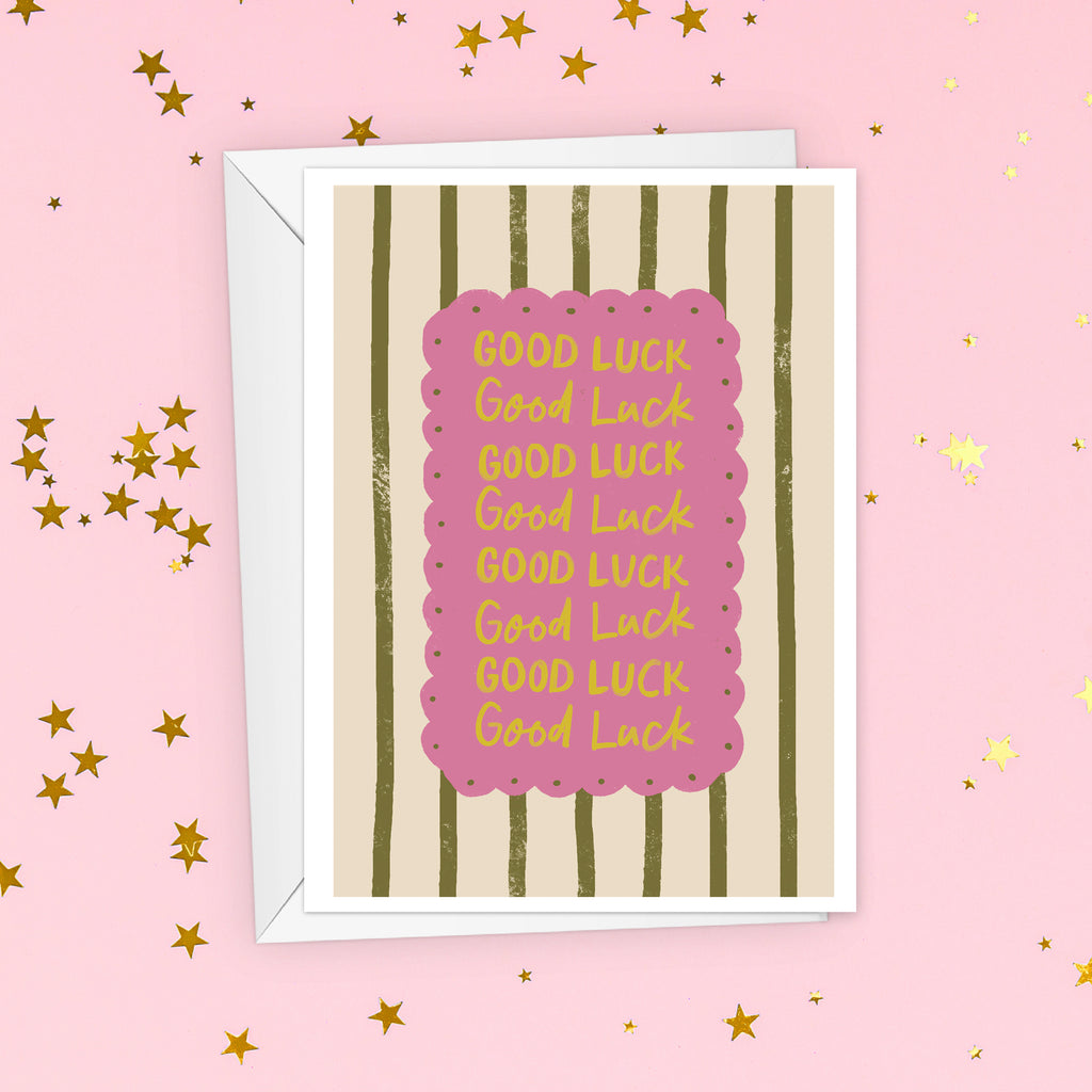 Bold & Playful Good Luck Card – Stripes & Scalloped Design