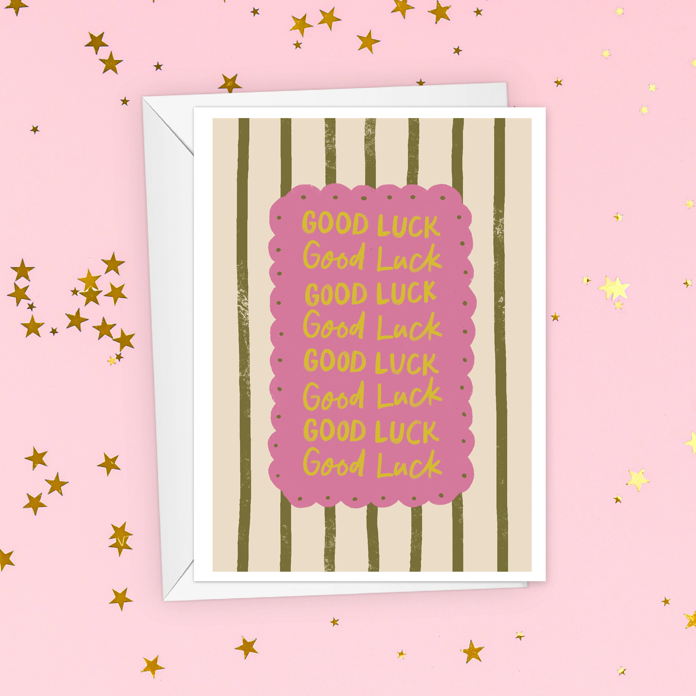 Bold & Playful Good Luck Card – Stripes & Scalloped Design