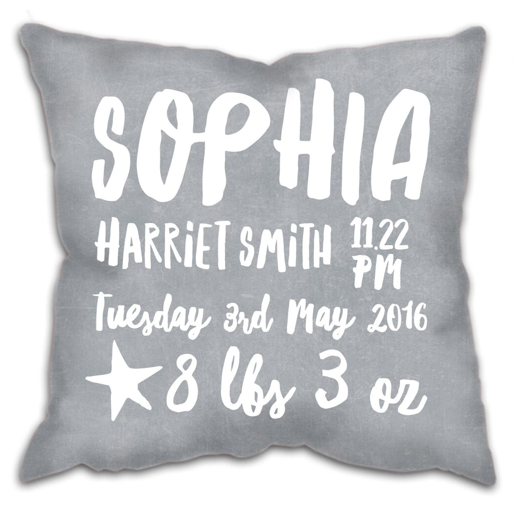 New Baby Details Cushion - Personalised Cushion - New Baby Gift - Baby Boy Gift - Baby Girl Gift - Gift for New Parents - Nursery Cushion