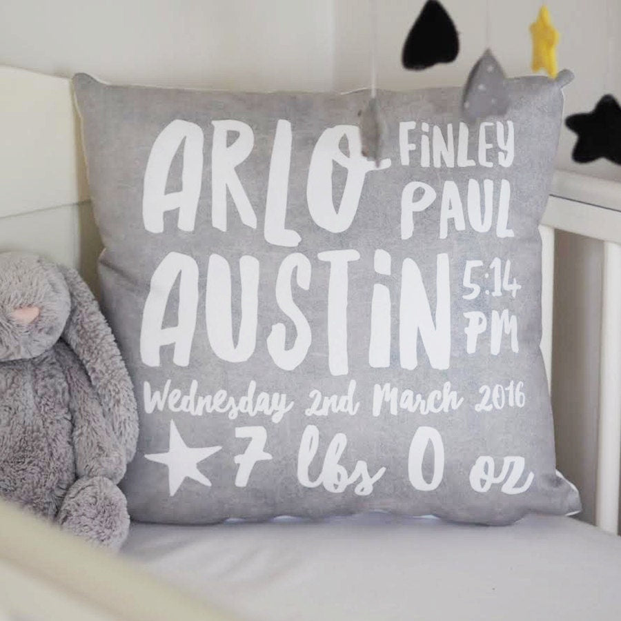 New Baby Details Cushion - Personalised Cushion - New Baby Gift - Baby Boy Gift - Baby Girl Gift - Gift for New Parents - Nursery Cushion