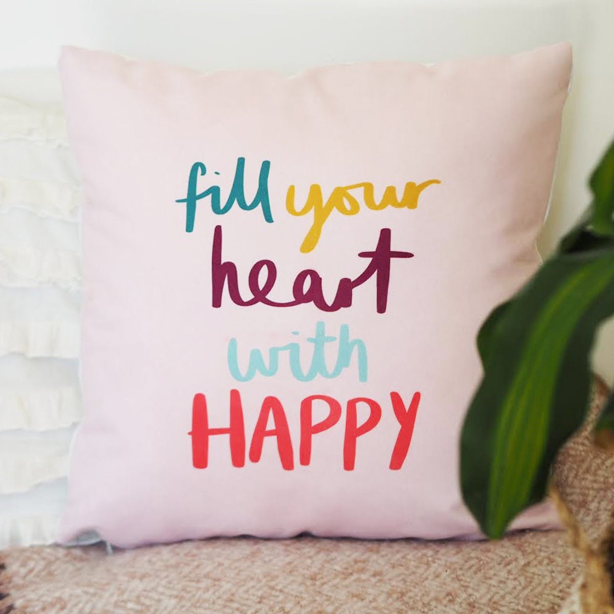 Fill Your Heart With Happy Cushion - Hand Lettered Cushion - Colourful Kids Cushion - Nursery Cushion - Children's Cushion - Happy Cushion