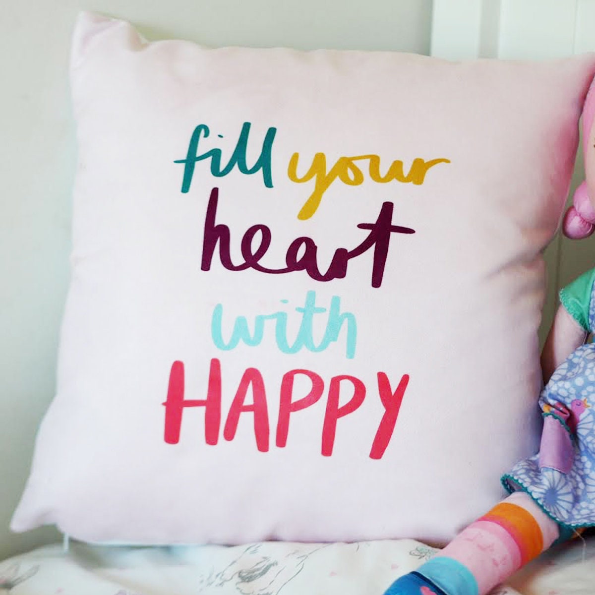 Fill Your Heart With Happy Cushion - Hand Lettered Cushion - Colourful Kids Cushion - Nursery Cushion - Children's Cushion - Happy Cushion