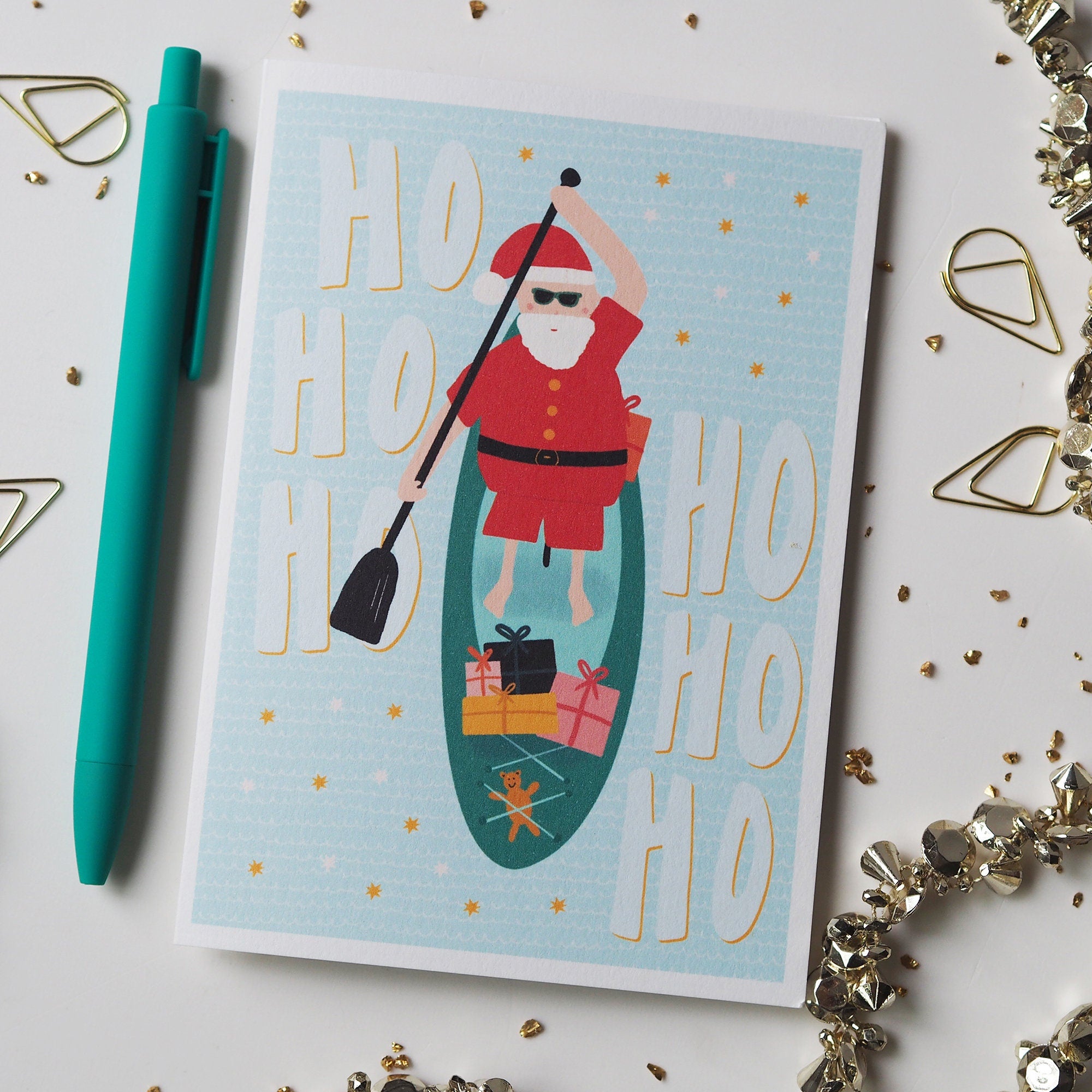 Paddle Boarding Santa Christmas Card