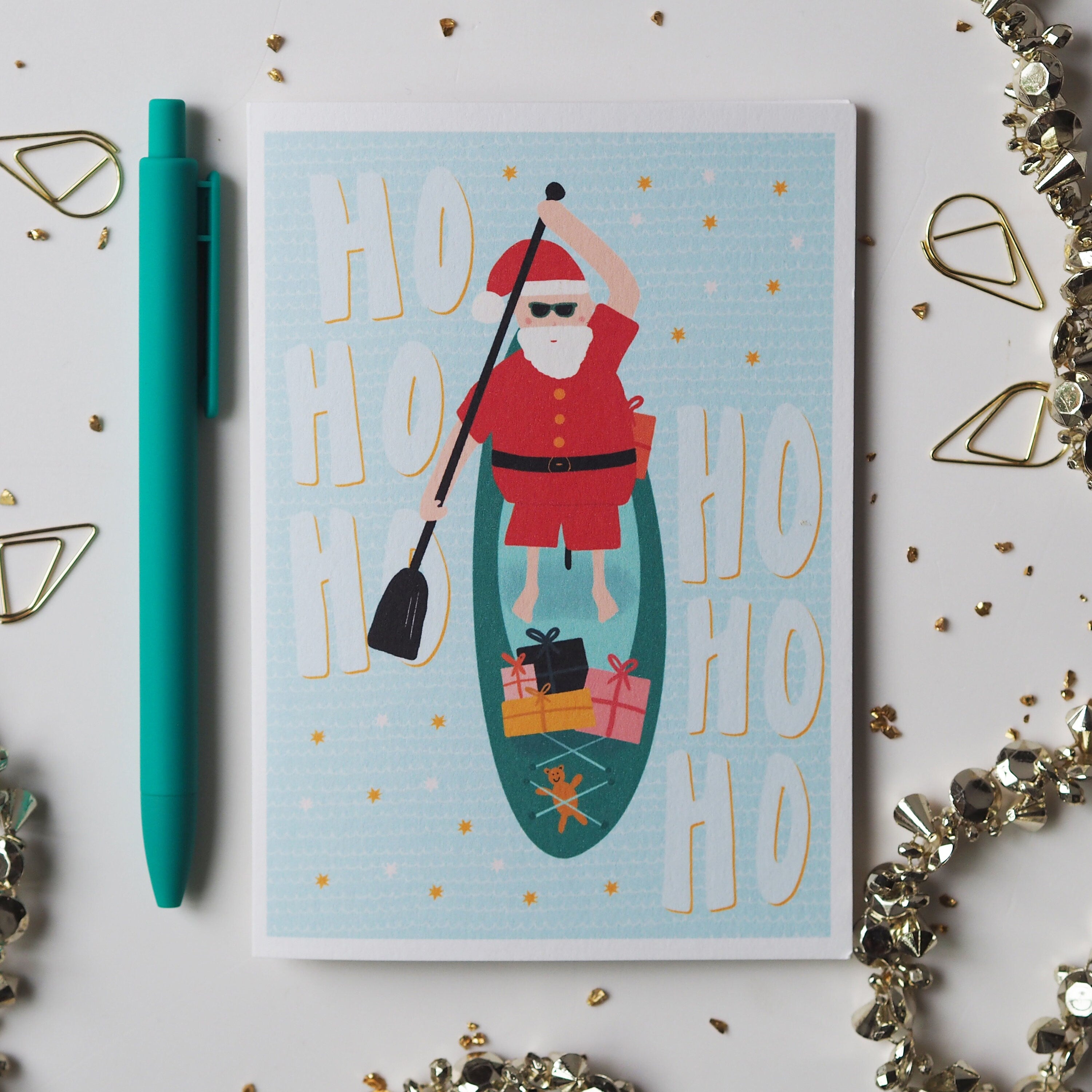 Paddle Boarding Santa Christmas Card
