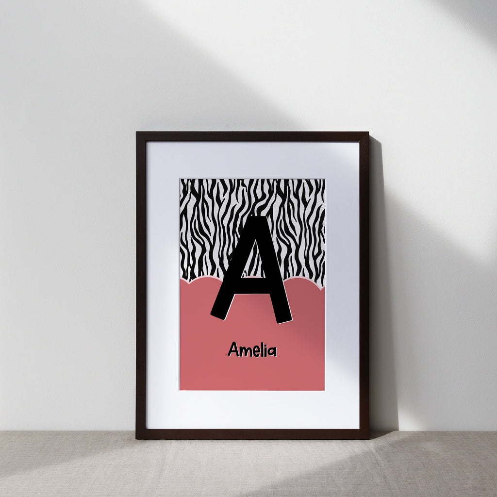 Kids Personalised Initial Zebra Art Print