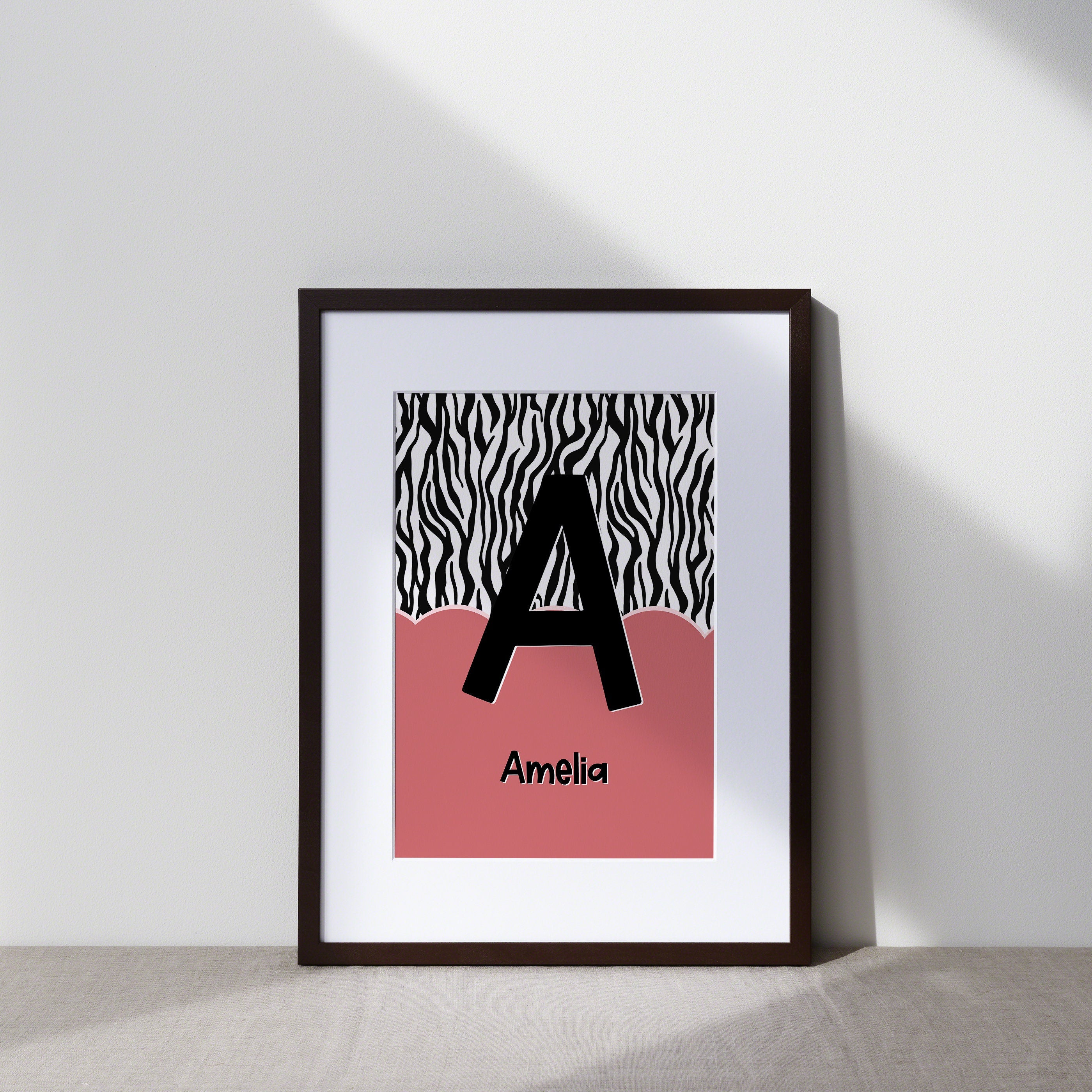 Kids Personalised Initial Zebra Art Print
