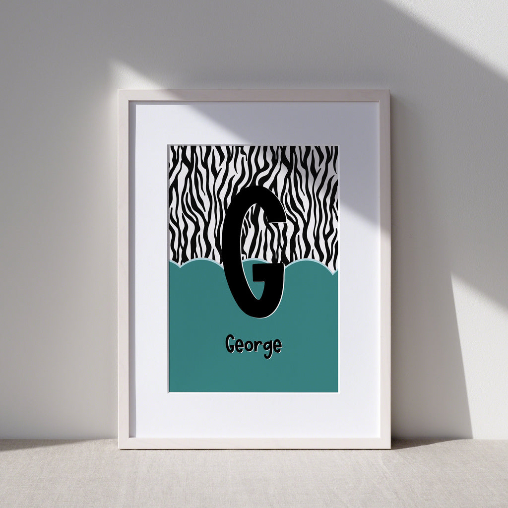 Kids Personalised Initial Zebra Art Print