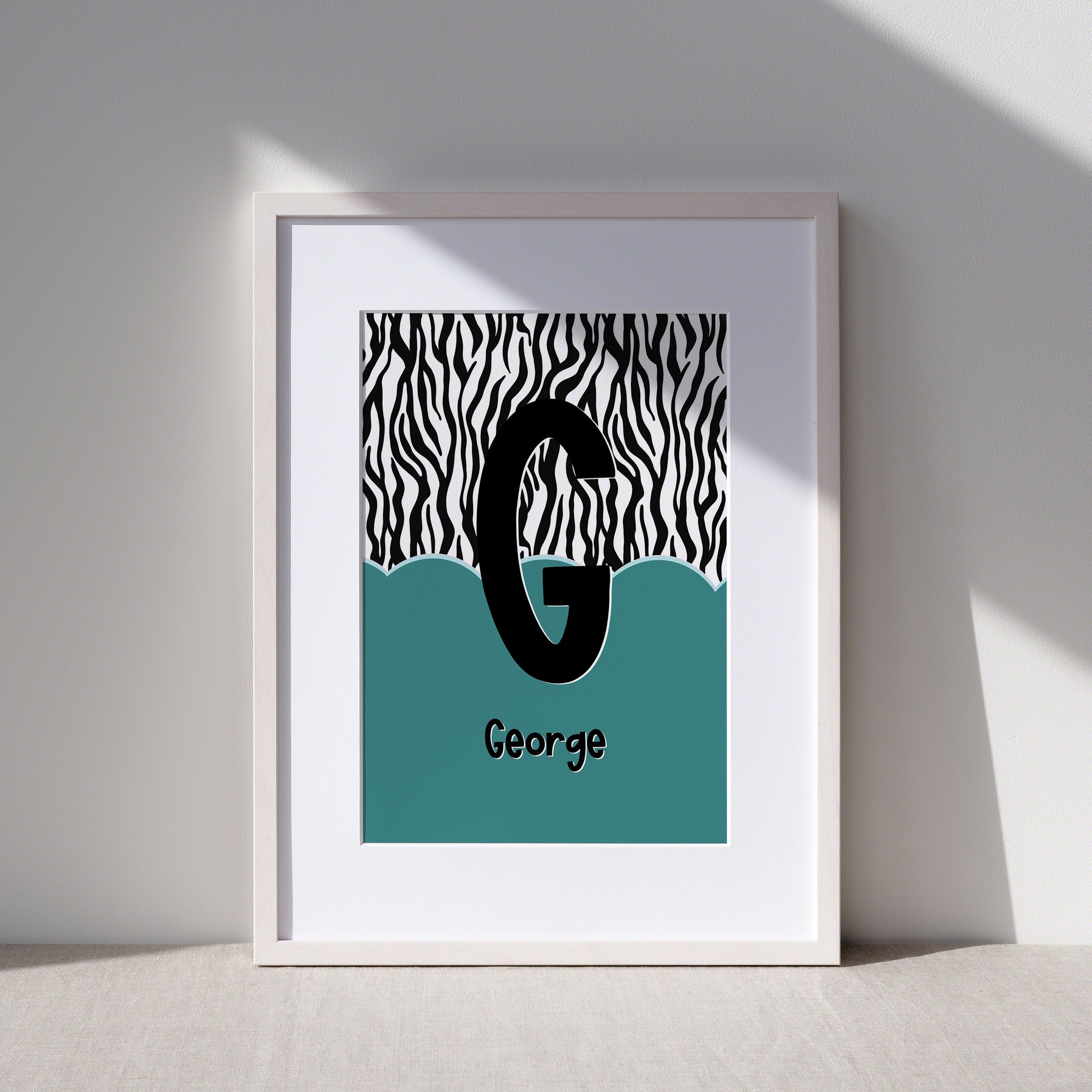 Kids Personalised Initial Zebra Art Print