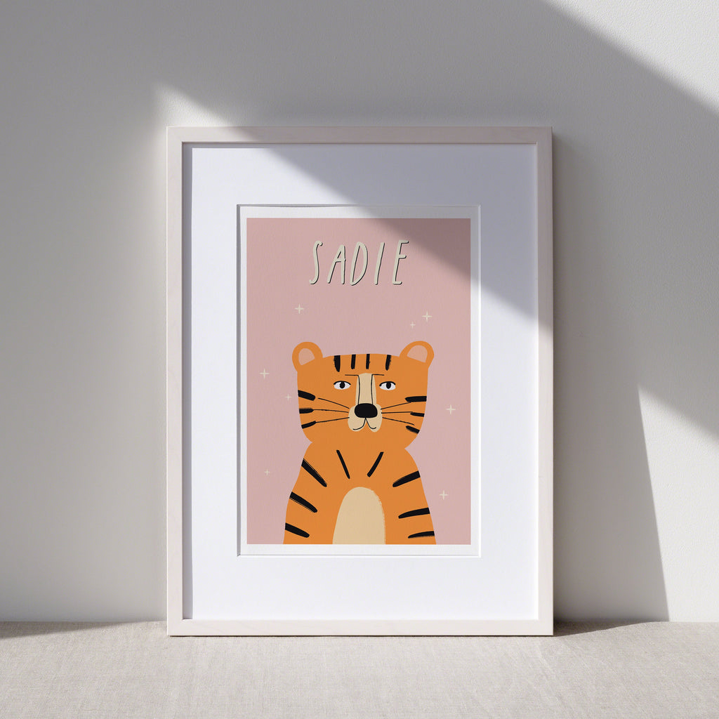 Tiger Personalised Name Kids Art Print - Pink