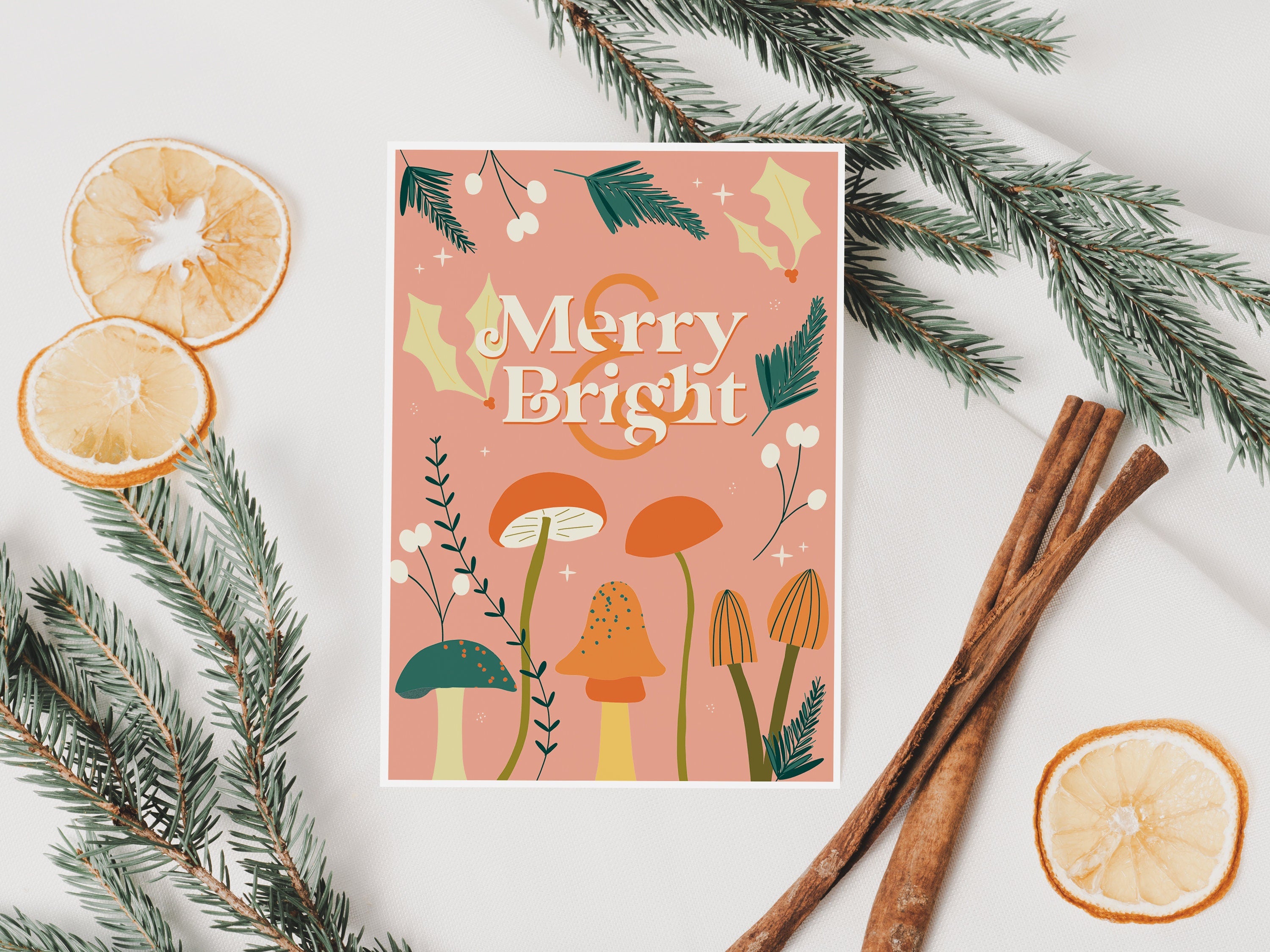 Merry & Bright Illustrated Mushroom Christmas Card