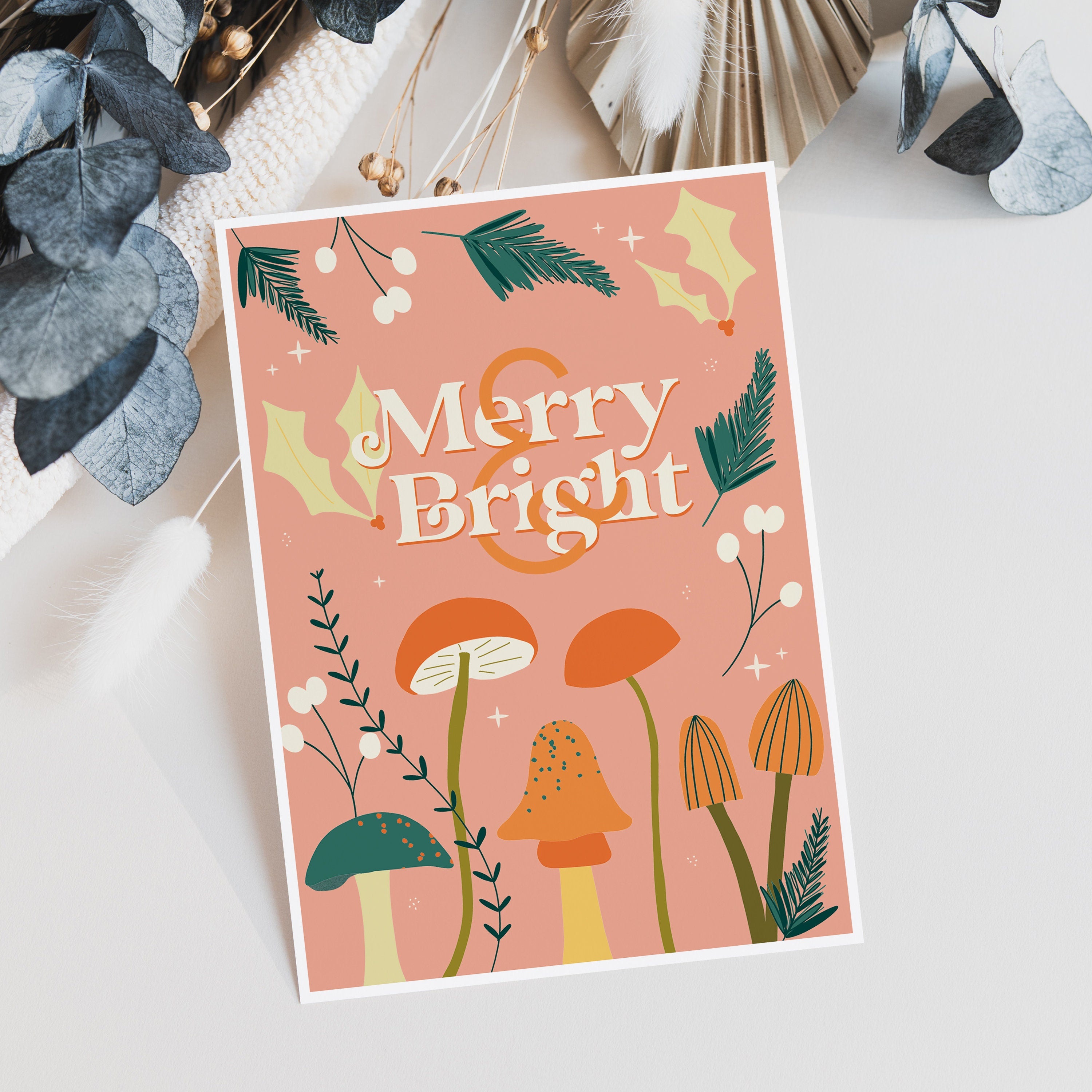Merry & Bright Illustrated Mushroom Christmas Card