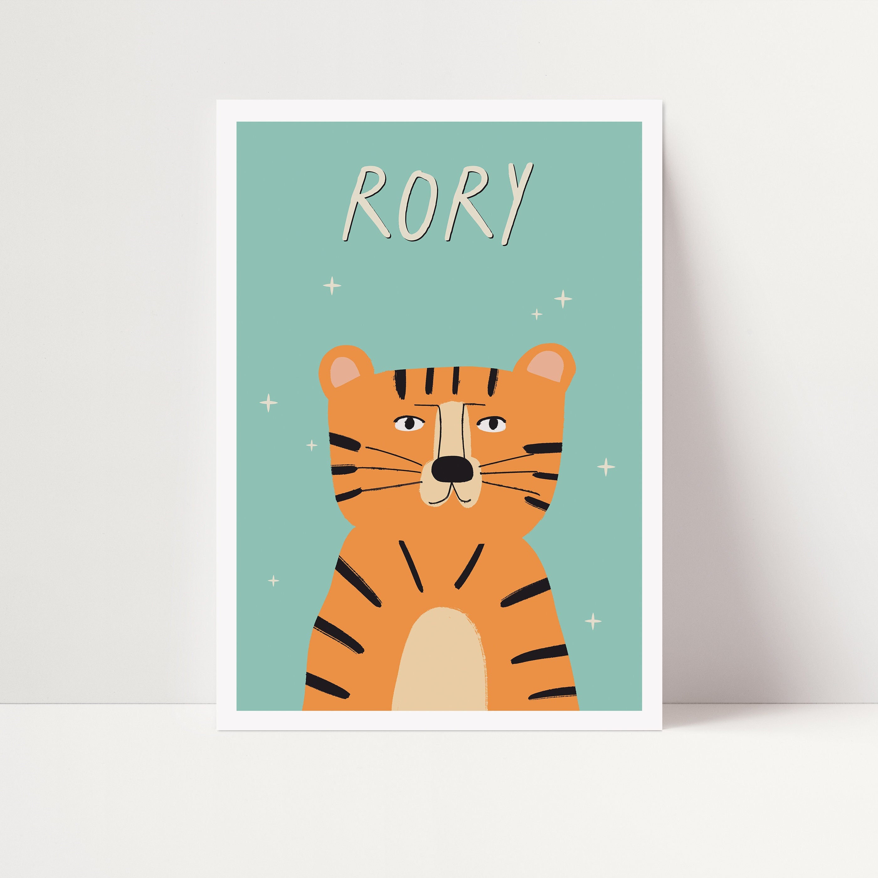 Tiger Personalised Name Kids Art Print - Green