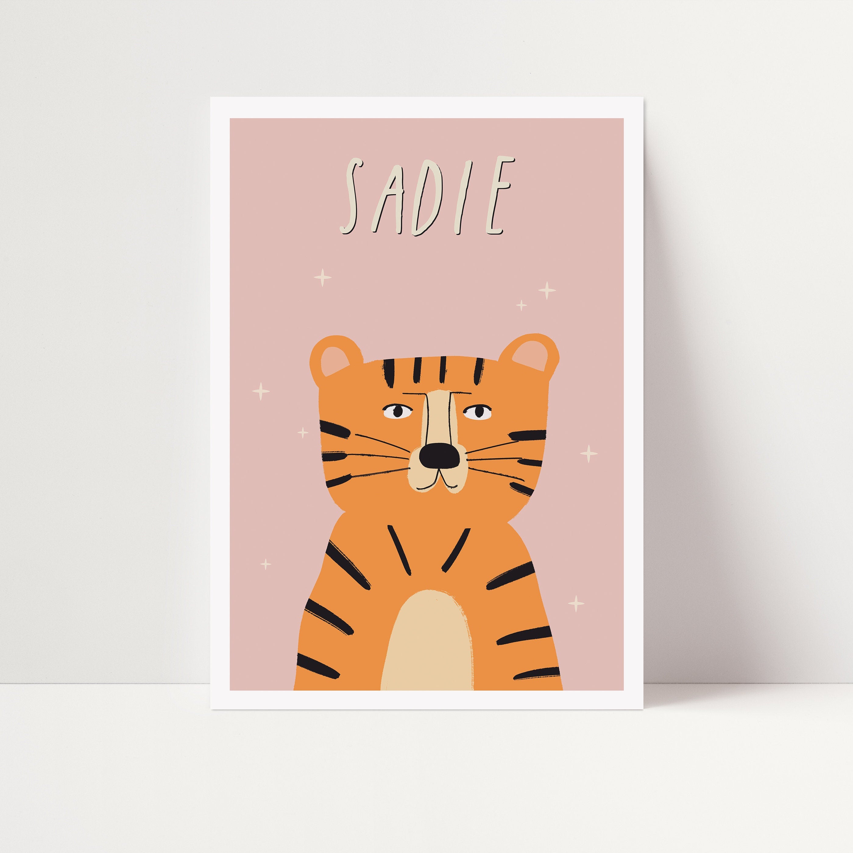 Tiger Personalised Name Kids Art Print - Pink