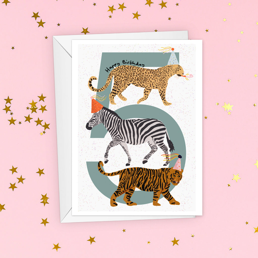 Party Animals 5th Birthday Card For Kids