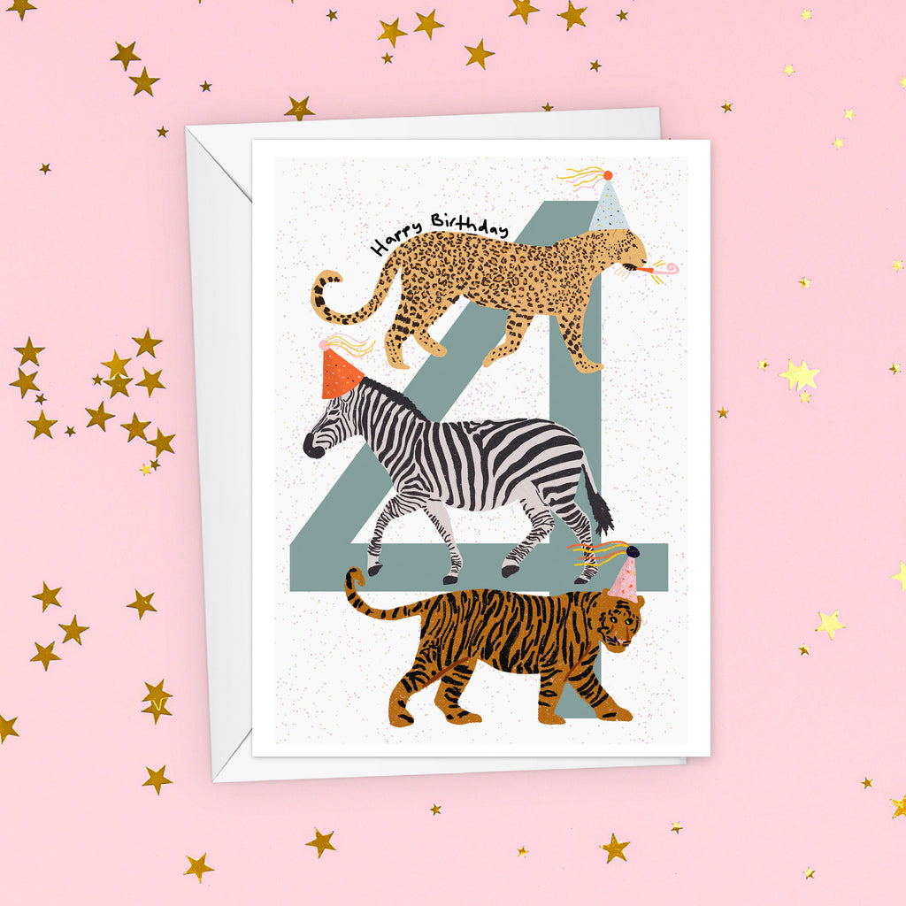 Party Animals 4th Birthday Card For Kids