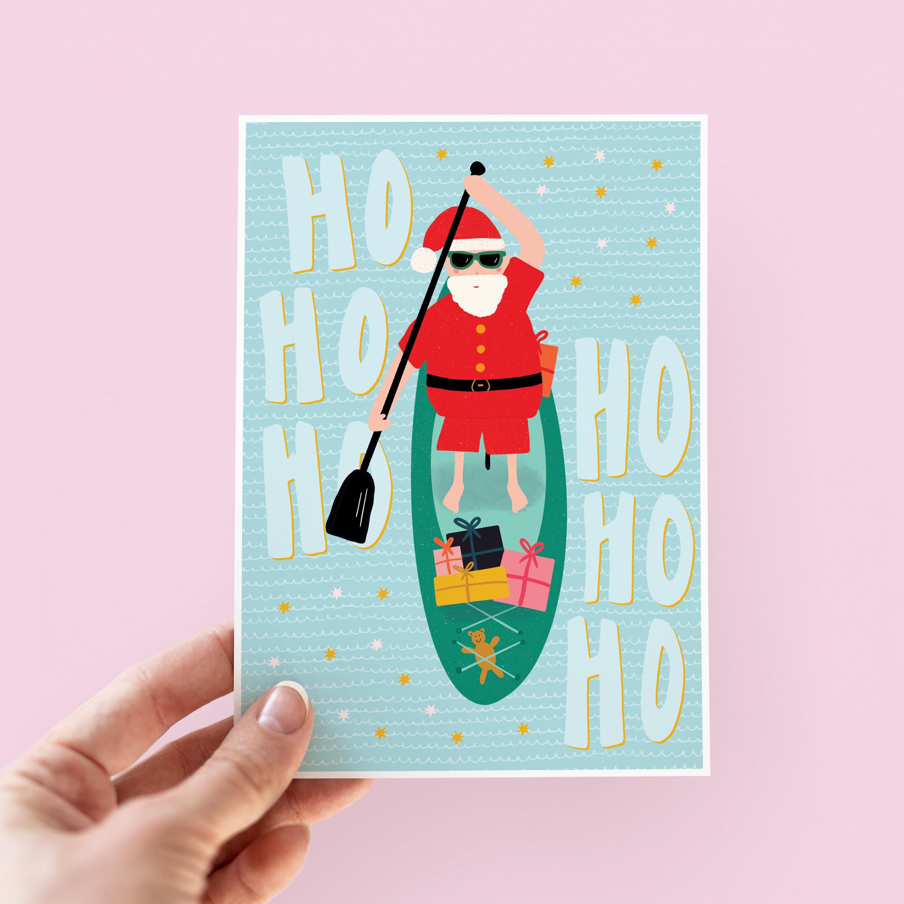 Paddle Boarding Santa Christmas Card
